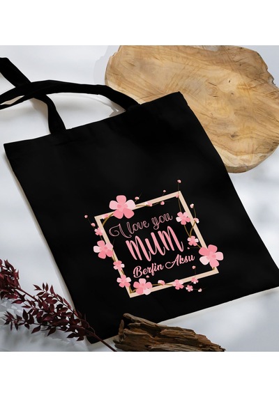 Bk Gift Kişiye Özel İsimli Anneler Günü Tasarımlı Siyah Kumaş Bez Çanta, Baskılı Omuz Çantası, Alışveriş Çantası, Anneler Günü Hediyesi, Anneye Hediye-7