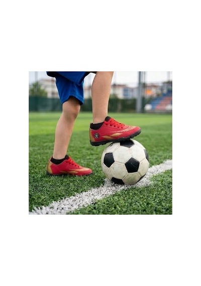 Çocuk Halı Saha Futbol Ayakkabısı Hafif, Kaymaz Tabanlı, Bağcıklı Kramponsuz Spor Ayakkabı Kırmızı