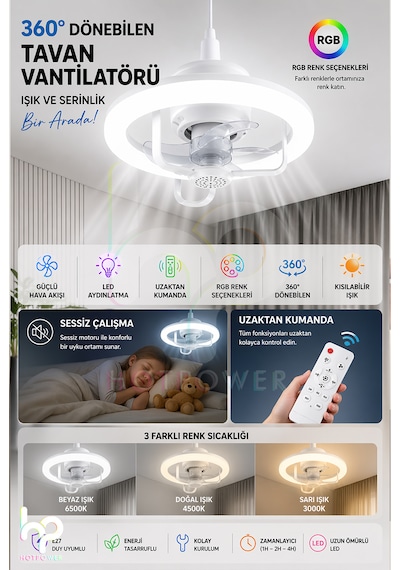 360 Dönebilen E27 Tavan Vantilatörü Ampul Led Işık Uzaktan Kumandalı Rgb Renkli Kısılabilir Vantilatör