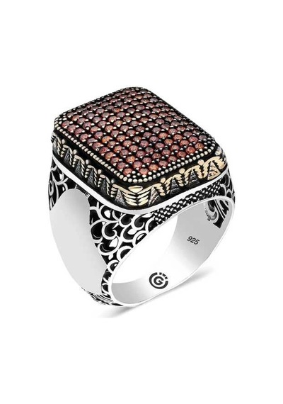 Gümüş Kırmızı Zirkon Taşlı Kare Erkek Yüzük Çok Renkli