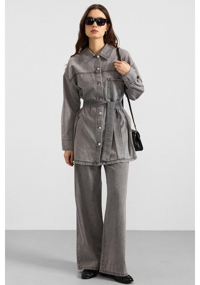 Olcay Metal Düğmeli Soft Denim Ceket Pantolon Gri 9401-tk