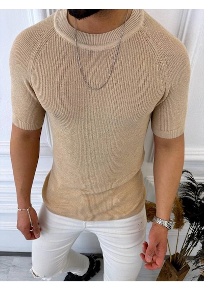 Örme Triko Tişört Kısa Kollu Triko Slim Fit Dar Kesim T-shirt Krem