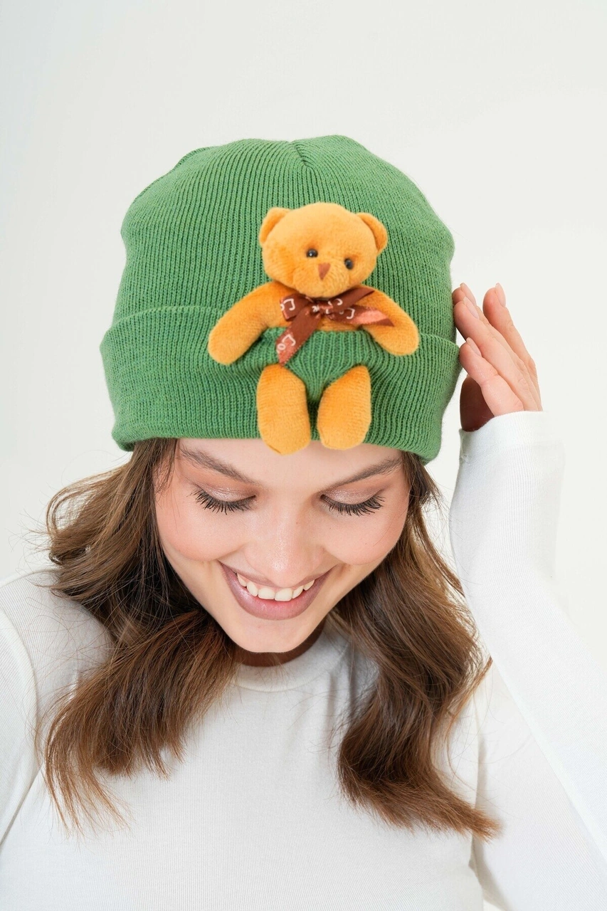 Mamayaga Unisex Ayılı Spor Şık Tasarım Hediyelik Bebe Mavisi Bere Yeşil