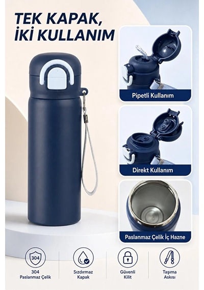 Paslanmaz Çelik Gövde Suluk & Matara 600 Ml Çift Kullanım Pipetli & Pipetsiz Lacivert - 914951659 Lacivert