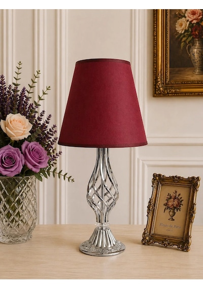 Bordo Kumaş Başlık Metal Burgu Ayaklı Modern Abajur 50x25 Cm