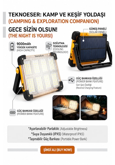 Solar Şarjlı Led Kamp Lambası Taşınabilir Powerbank Ipx5 Suya Dayanıklı Işıldak Siyah