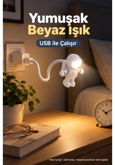 Usb Astronot Gece Lambası Esnek Kablolu Masa Ve Kitap Okuma Işığı Led Lamba Beyaz
