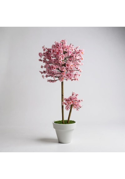 Luxdecor Yapay Sakura Ağacı - Pembe Bahar Esintisi 130 Cm Beyaz Plastik Saksı Pembe