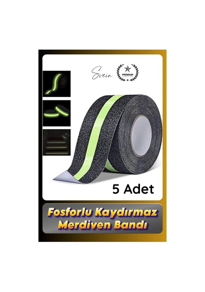 Bant 5 Adet Fosforlu Kaydırmaz Merdiven Bandı 5 Cm X 3 M Fotolümenli Yeşil Zemin Güvenlik Basamak