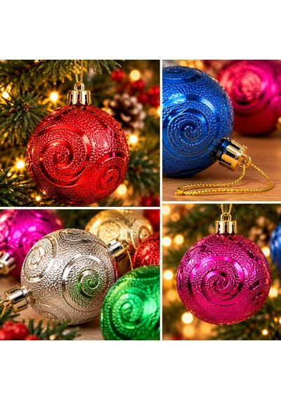 Bakgelal 12 Adet Lüks Yılbaşı Ağaç Süsü Seti - 6 Renk 6 Cm Kabartma Spiral Desenli Çam Ağacı Topları - 9083781653185 Diğer