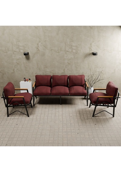Mb Garden Furnıture Simetri Model, Balkon, Bahçe, Cafe, Metal Koltuk Takımı, Bahçe Takımı , Çay Seti, 3+1+1 Takım Bordo