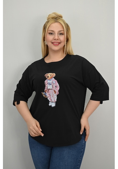 Koza Butik Kadın Büyük Beden Kısa Kollu Taş Detaylı Ayı Baskılı Oversize T-shirt 1926-25 siyah Koza Butik Kadın Büyük Beden Kısa Kollu Taş Detaylı Ayı Baskılı Oversize T-shirt 1926-25 siyah