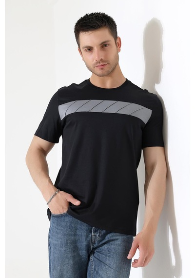 Erkek İki Renk Parçalı Bisiklet Yaka T-shirt - Pamuklu Tişört Siyah