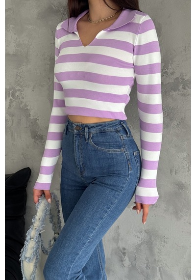 Femelle Kadın Standart Beden Polo Yaka Bluz Mor