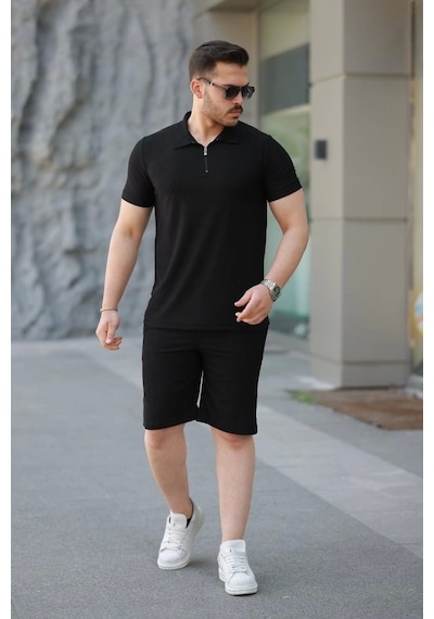 Defymoda Erkek Şort Tişört Alt Üst Takım Siyah