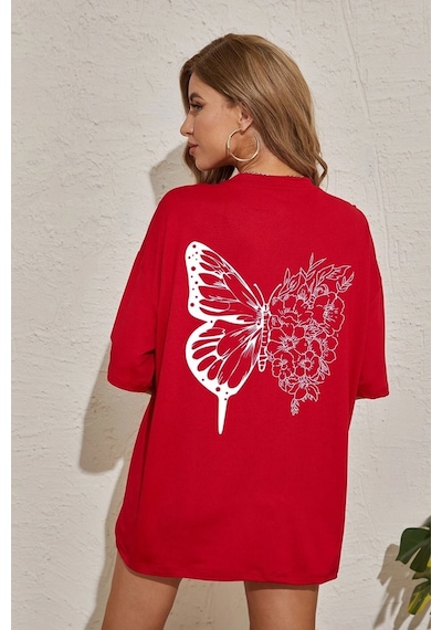 Unisex Drawing Butterflies Tasarım Kısa Kol T-shirt Kırmızı