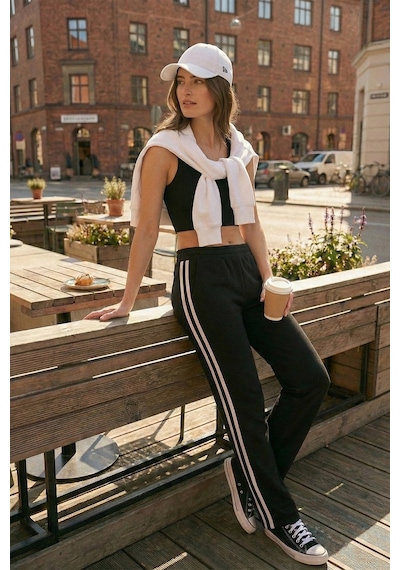 Lela Şeritli Standat Fit Normal Bel Geniş Paça Bayan Eşofman Altı 5866133 Siyah
