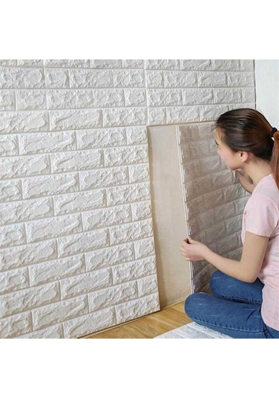 Yapışkanlı Sünger Beyaz Tuğla Duvar Kağıdı Paneli 70X77 Cm 6 Adet