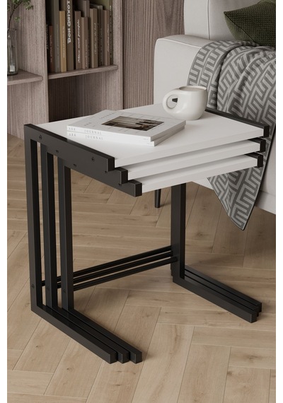 Bronte 3 Lü Zigon Sehpa, Metal Zigon Sehpa Beyaz