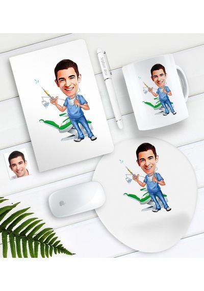 Kişiye Özel Bay Diş Hekimi Karikatürlü Defter Kalem Kupa Mouse Pad Seti-4