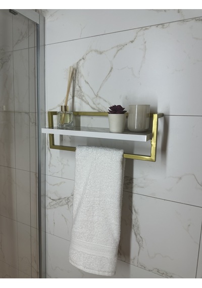 lyla concept Defne Banyo Ahşap Raflı Gold Metal Havlu, Şal Askılık Beyaz Raf Gold