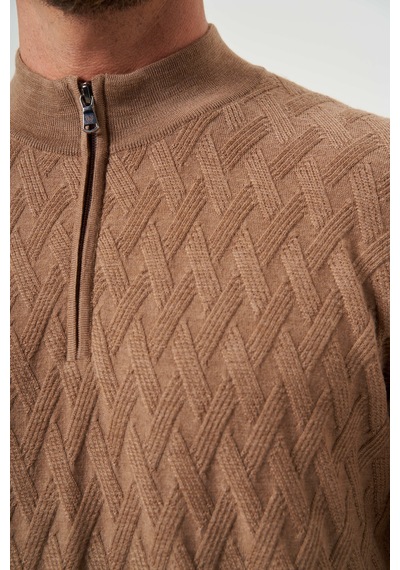 Bisse Camel Yarım Balıkçı Yaka Fermuar Detaylı Jakarlı Erkek Triko Tr23k23208 D70 CAMEL