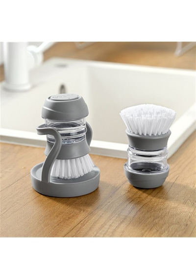 Innoshop Soap Dispenser Kitchen Brush Sıvı Deterjan Hazneli Bulaşık Fırçası ve Stand Gri