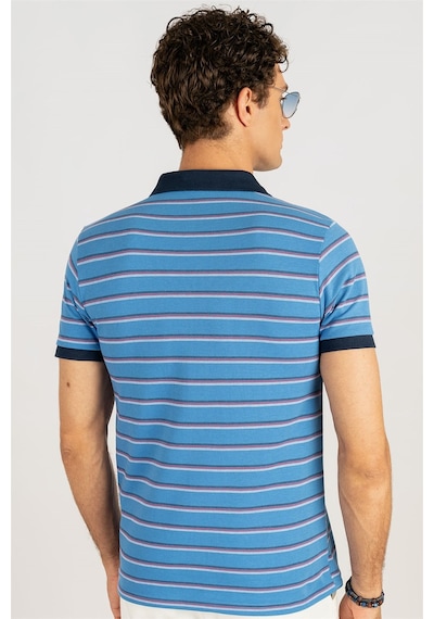 Tudors Slim Fit Dar Kesim Çizgili Polo Yaka Pike T-Shirt-24259 Mavi