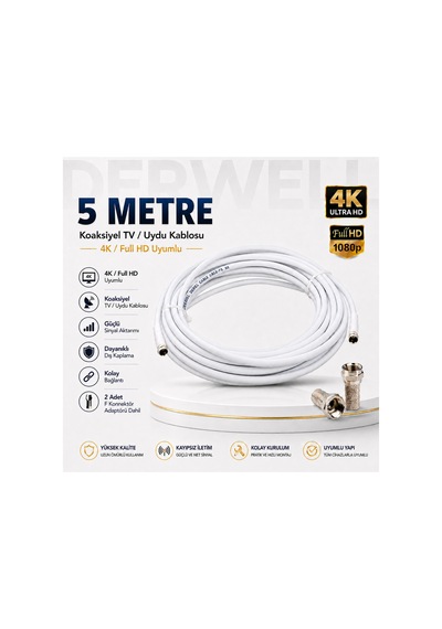 5 Metre 4k Full Hd Koaksiyel Tv Uydu Anten Kablosu Seti - Güçlü Sinyal Aktarımlı Dayanıklı Televizyon Kablosu - Lnb Alıcı Uyumlu Yüksek Kalite Beyaz