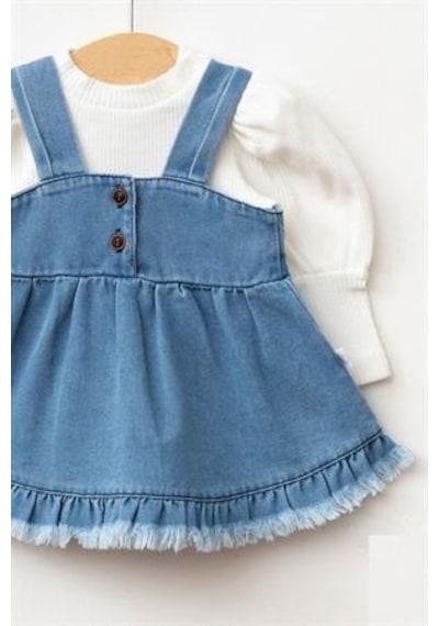 Cantoy Kız Bebek Püsküllü Kot Jile Elbise Balon Bluz Lüks Jean Takım Açık Mavi