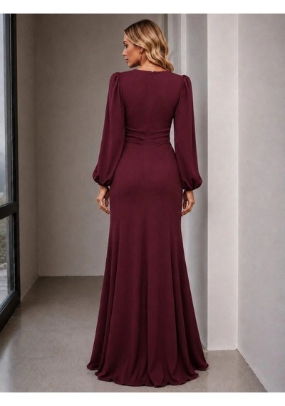 Defymoda Kadın Uzun Kollu Bisiklet Yakalı Önden Fırfırlı Uzun Janjan Krep Elbise Bordo