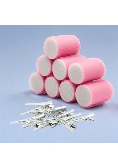 Croc 1207 Pembe Cırtlı Sünger Bigudi 8li Çap 4cm + 12li Alüminyum Saç Pensi Açık Mavi