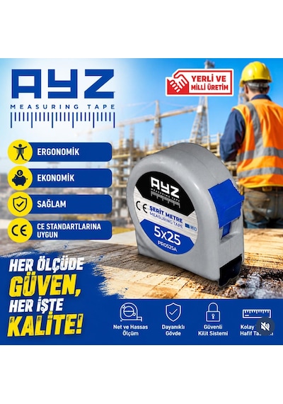 Şerit Çelik Metre 5m X25mm Gri 5