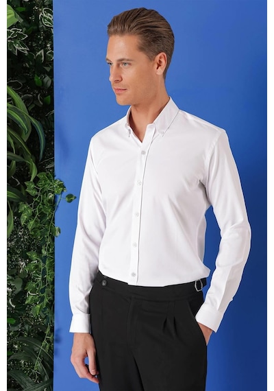 Efor Slim Fit Düğmeli Yaka Pamuklu Klasik Beyaz Gömlek Gk 714 Beyaz