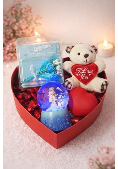 Sevgiliye Romantik Hediye Kutusu Işıklı Kalp Mavi Kar Küresi Peluş Ayıcık Ve Gül Buketi Hediye Set03 Çok Renkli