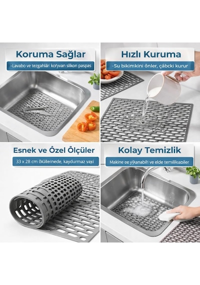 Lexroo Silikon Kaydırmaz Lavabo Paspası, Gri, 33x28 Cm, Delikli Tasarım