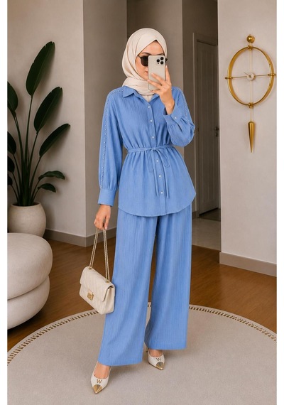 Hira Life Fashion Kadın Kolu Taş Detaylı Bel Bağlamalı Salaş Keten Gömlek Pantolon İki 'li Şık Takım Mavi Mavi Hira Life Fashion Kadın Kolu Taş Detaylı Bel Bağlamalı Salaş Keten Gömlek Pantolon İki 'li Şık Takım Mavi Mavi