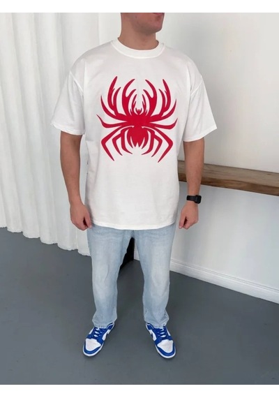Defymoda Erkek Örümcek Baskılı Tişört Kısa Kollu Bisiklet Yaka T-shirt - Beyaz
