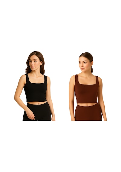 İngegno Body Kadın Geniş Yaka Sıfır Kol Crop %95 Viskon Örme Ring Kumaş 2 Li Paket Kahverengi - Siyah