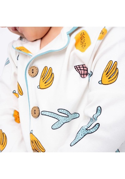Bebegen Unisex Ekru Yeşil Turuncu Yaprak Kaktüs Desenli Kruvaze Yaka Pijama Takımı