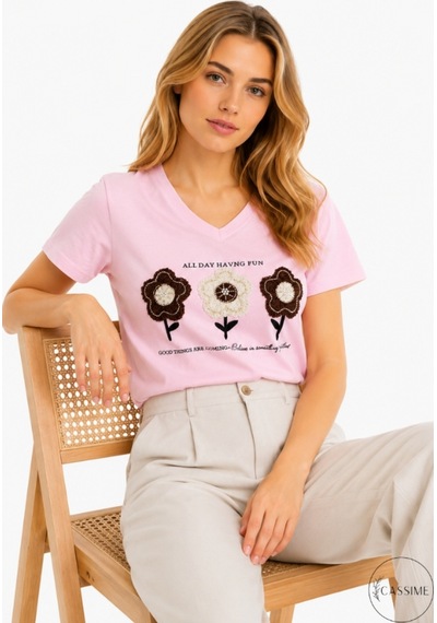 Cassime Kadın Pembe %100 Pamuk Regular/normal Kalıp Çiçek Nakışlı Örme T-shirt