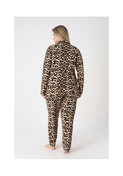 Estiva Kadın Kaplan Desenli Kahverengi Önden Düğmeli Soft Battal Pijama Takımı Çok renkli