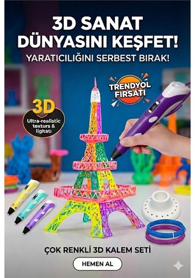 Büro Ev Ofis Hobi Atölyesi İçin 3d Üç Boyutlu Dijital Göstergeli Mor Kalem 3filament Seti