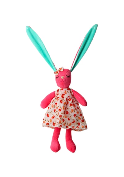 İthal Kumaş Uzun Kulaklı Renkli Kıyafetli Sevimli Tavşan Peluş Oyuncak Uyku & Oyun Arkadaşı 30 Cm. Koyu Pembe
