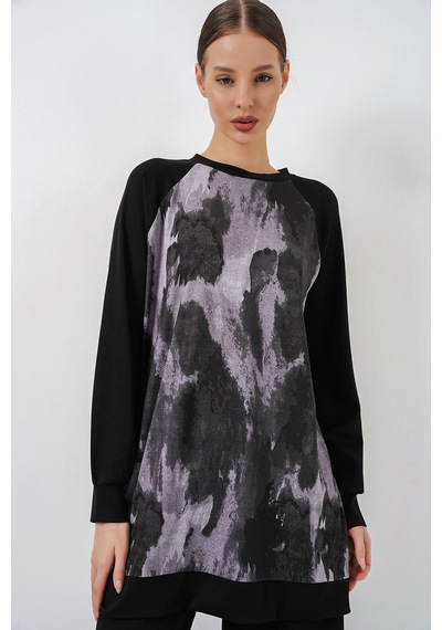 Bigdart Kadın Desenli Oversize Tunik Pantolon İkili Takım 55462 - Siyah