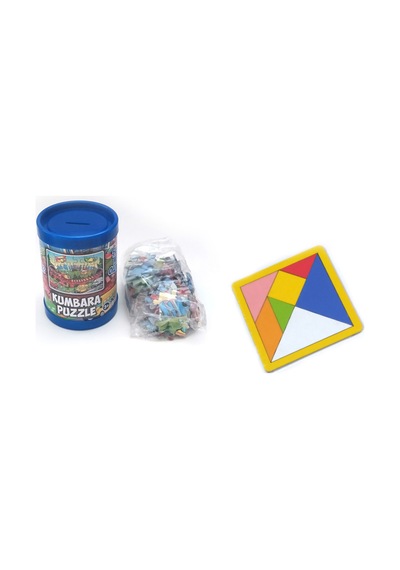 7 Parça Kalın Ahşap Ortaboy Tangram + 90 Parça Yapbozlu Kumbara Puzzle