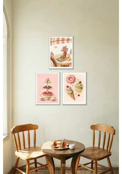 Tatlı Kafe 3'lü Çerçeve Görünümlü 30x40 Cm Mdf Tablo Seti Salon Duvar Dekoru