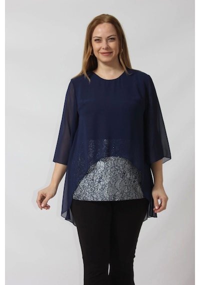Moda Berray 4048 Şifon -simli Dantel Kombinli Büyük Beden Bluz Lacivert Lacivert