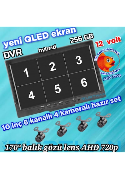 Ledsiz 4 Adet Ahd 720p Balık Gözü Kelebek Kamera 6 Kanallı 10 İnç Qled Ekran 256 Gb 12 Volt