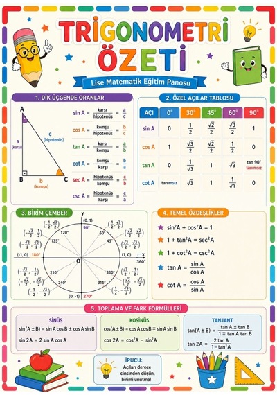 Trigonometri Özeti Lise Matematik Eğitim Afişi 50x70 Cm Tüm Yaşlar 20606496